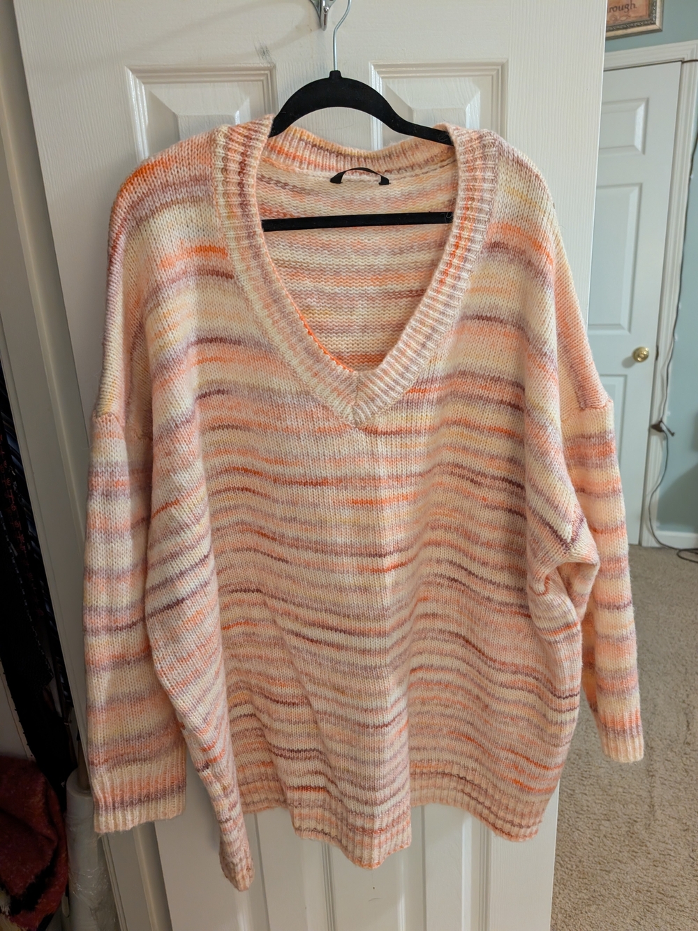 BloomChic V-Neck Stripe Sweater in Cream, Peach & Lavender
